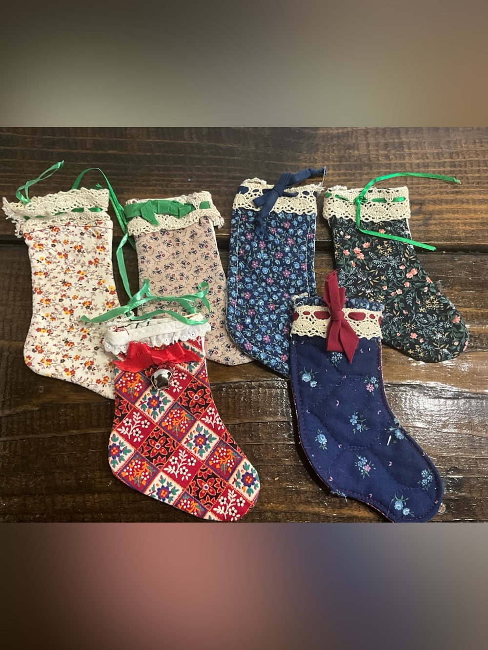 Vintage Lot of 6 Handmade Christmas Stocking Ornaments Cottage Decor